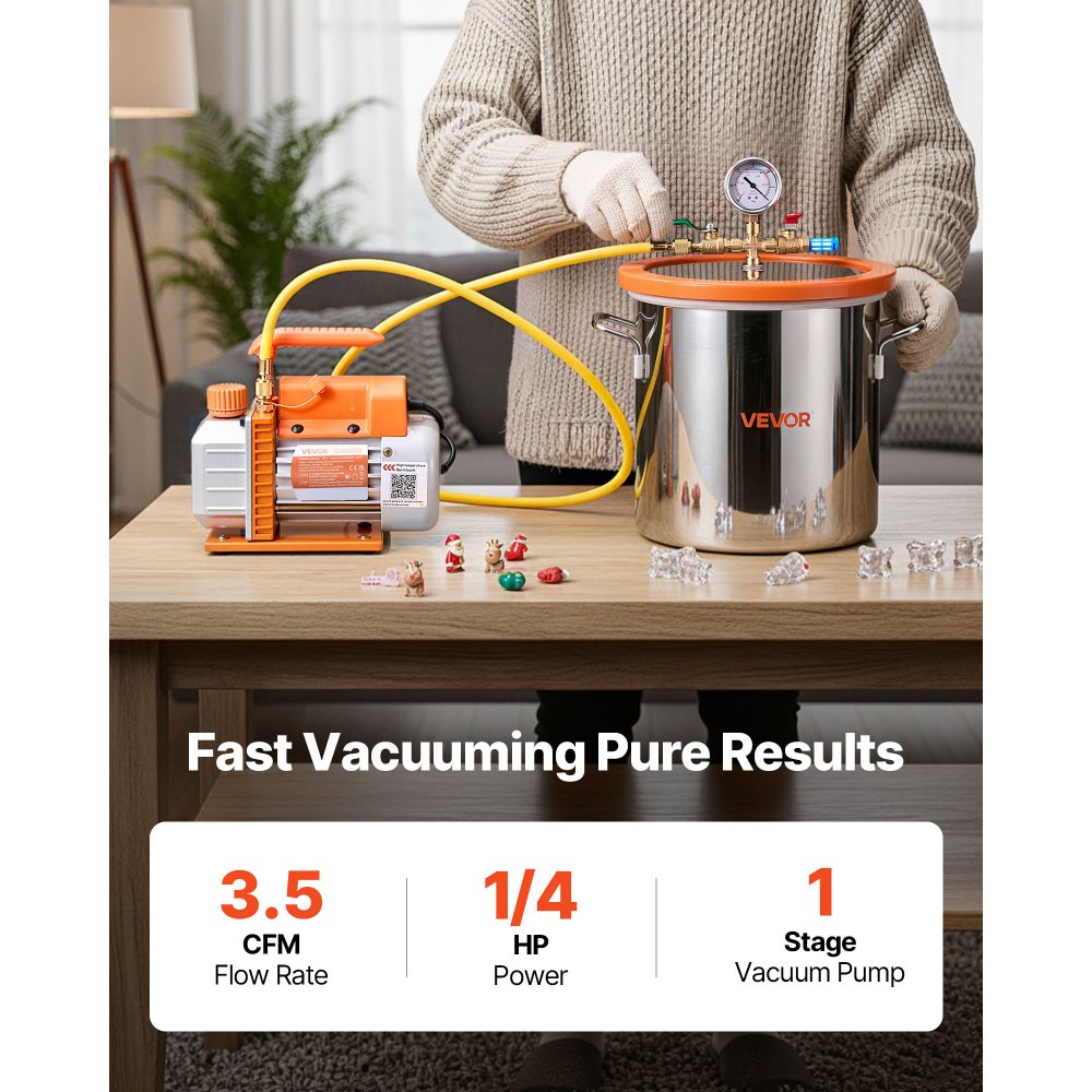 VEVOR 11.36 L Vacuum Chamber with Pump, 3.5 CFM 99 L/min, Single Stage Vacuum Pump, Stainless Steel Degassing Chamber Kit, Tempered Glass Lid, 1.5 m Hose, for Stabilizing Wood Degassing Silicone Resin