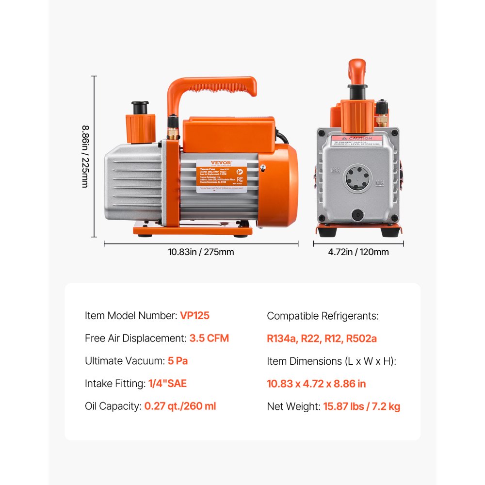 VEVOR 217 l/min (3,5 CFM) AC vakuumpumpe og målersett, ett-trinns roterende lamell HVAC luftvakuumpumpe, A/C kjølemiddelmanifold målersett, med slanger, klimaanlegg kjøling for R134a, R12, R22, R502a