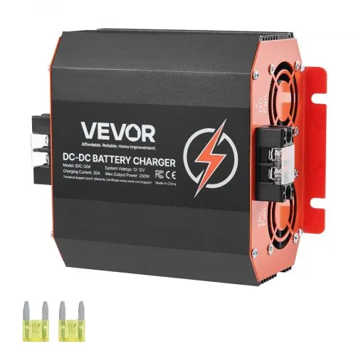 VEVOR 12V 20A DC til DC batterilader, 250W, innebygd batterilader for blysyre, litium, AGM, GEL og overfylte batterier, smart flertrinnslading, for bobiler, nyttekjøretøy, båter, yachter