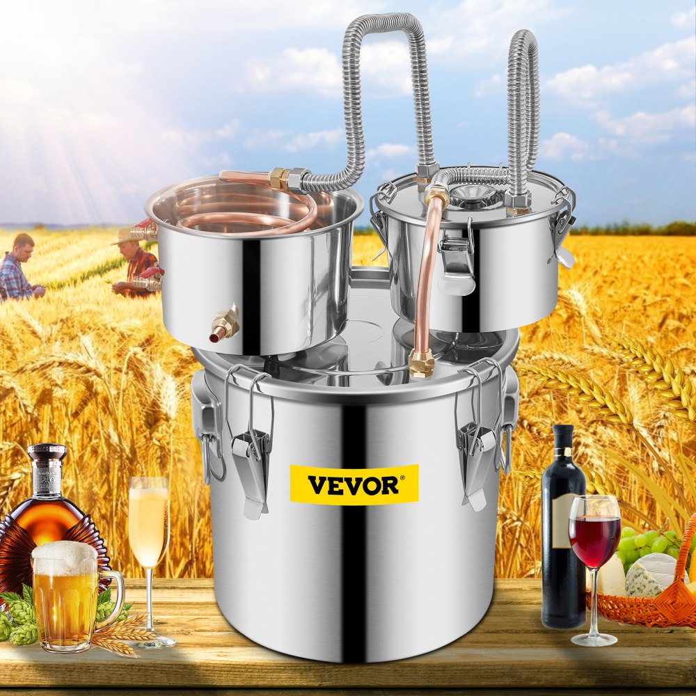 VEVOR destillasjonsapparat 3Gal 12L rustfritt stål vanndestiller kobberrør med sirkulasjonspumpe hjemmebryggingssett innebygd termometer for DIY whisky vin brandy brennevin