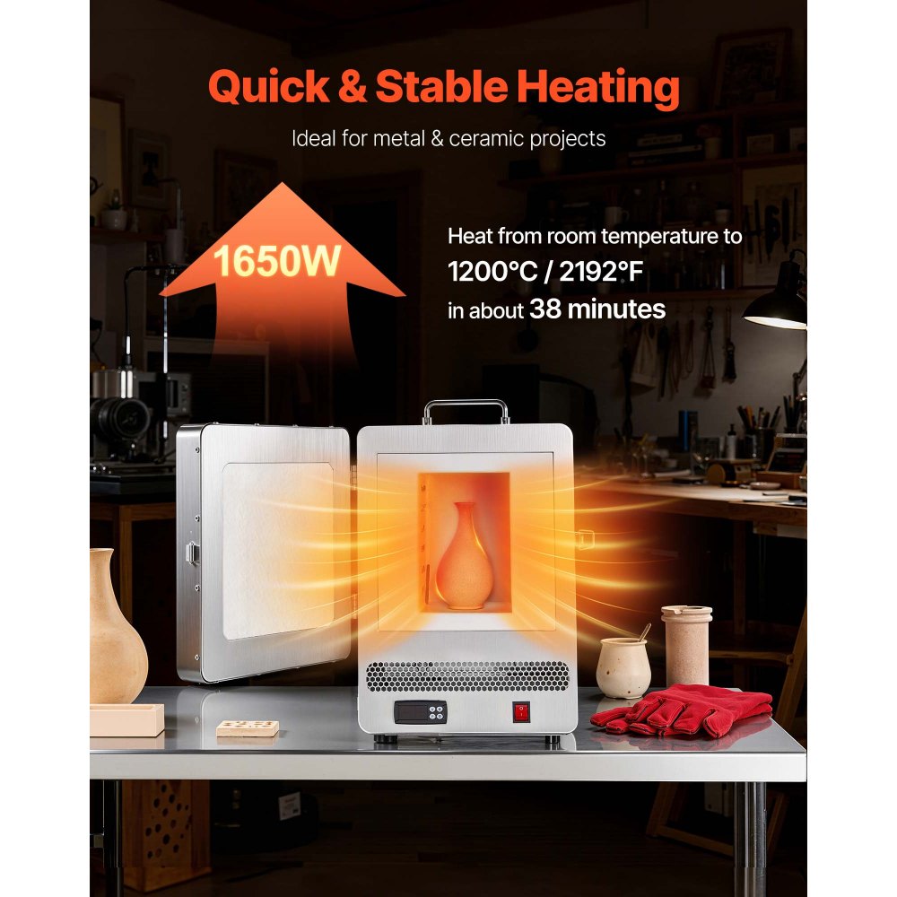 VEVOR elektrisk smelteovn, 1650W digital smelteovn, elektrisk ovn med maks. temperatur 2192℉/1200℃ for støping av tapt voks, leire DIY, metallgløding, keramisk brenning, PID-temperaturkontroll