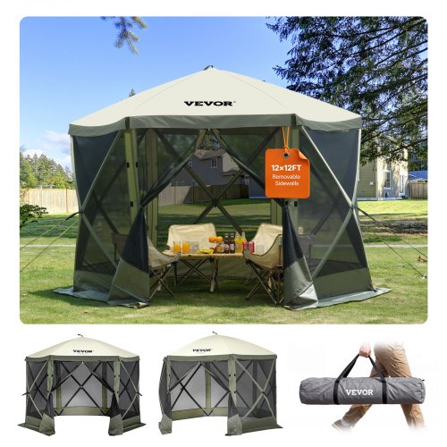 VEVOR Pop-up paviljongtelt, pop-up telt med 6-sidig kalesje, solskjerm med 6 avtakbare vindskjermer og nettingvinduer, 10 x 10 fot, hurtigsetttelt med myggnett, militærgrønn