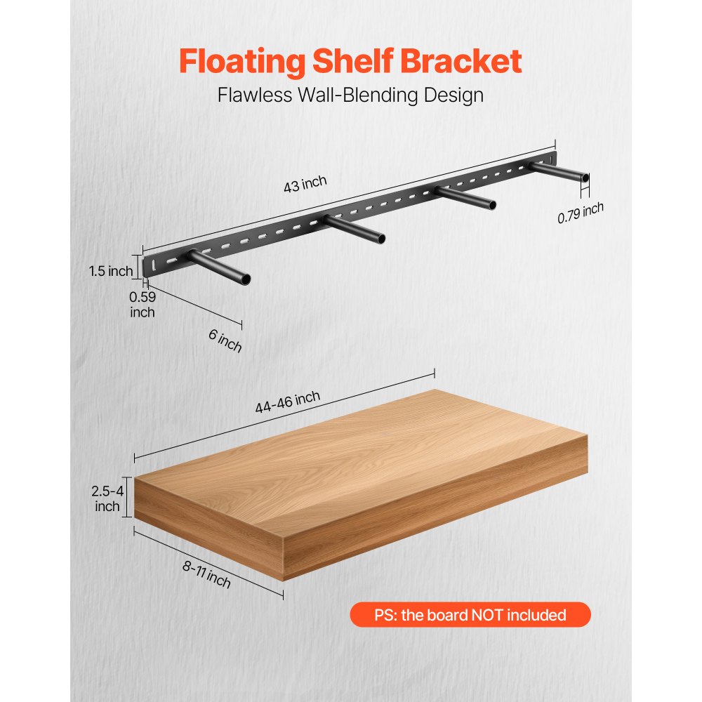 VEVOR Floating Shelf Bracket 1 Pack, 230 lbs/104 kg Weight Capacity, 43x6.2x1.5 inch / 1092.2x157.4x38.1 mm, Heavy Duty Hidden Shelf Brackets Support, Wall Mounting Invisible Floating Shelves Bracket