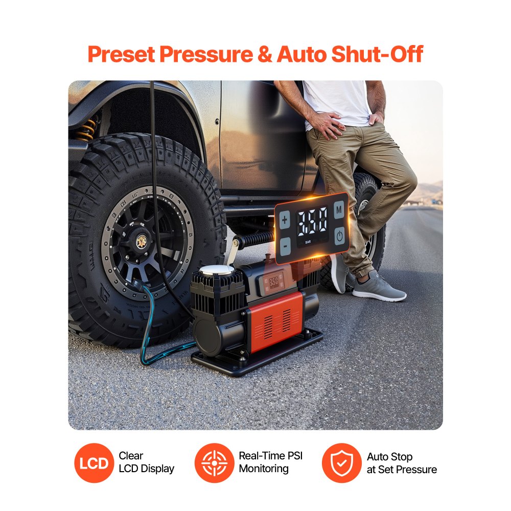 VEVOR kraftig luftkompressor med to sylindre, 300 l/min bærbar dekkpumpe med automatisk stopp, 12 V 150 PSI offroad-luftpumpe med LCD digital skjerm og adaptere for lastebil, bil, SUV, 4 x 4, bobil