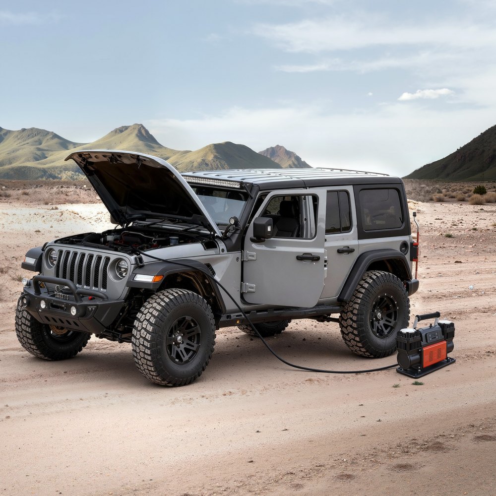 VEVOR kraftig luftkompressor med to sylindre, 300 l/min bærbar dekkpumpe med automatisk stopp, 12 V 150 PSI offroad-luftpumpe med LCD digital skjerm og adaptere for lastebil, bil, SUV, 4 x 4, bobil