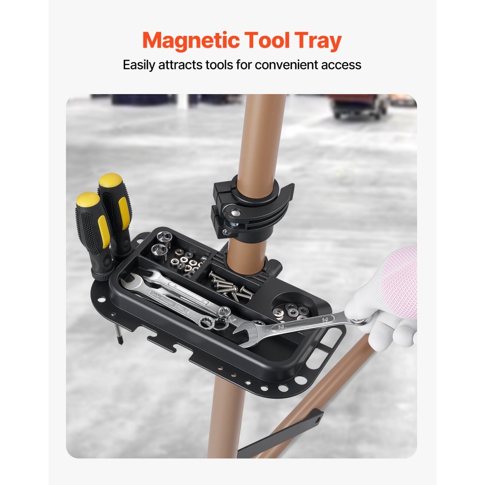 VEVOR Sykkelreparasjonsstativ, 36 kg kraftig sykkelarbeidsstativ med 114–148 cm justerbar høyde og magnetisk verktøyskuff, sammenleggbart sykkelvedlikeholdsstativ, Shop Home Mechanics for terreng- og landeveissykler