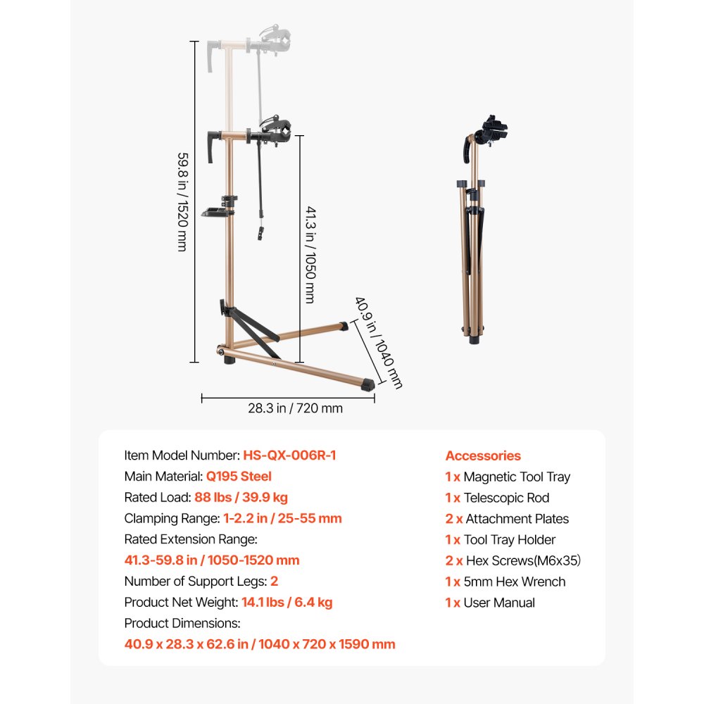 VEVOR Sykkelreparasjonsstativ, 36 kg kraftig sykkelarbeidsstativ med 114–148 cm justerbar høyde og magnetisk verktøyskuff, sammenleggbart sykkelvedlikeholdsstativ, Shop Home Mechanics for terreng- og landeveissykler
