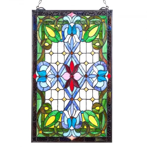 VEVOR Glassmaleri, 433 x 731 mm, hengende vinduspanel i Tiffany-stil med kjetting, stort vertikalt rektangulært glass, vintage tradisjonelt kunsthåndverk for kjøkkeninnredning