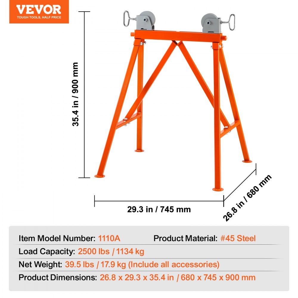 VEVOR Pipe Stand with Roller Head 1134 kg Load for 5.1-91.4 cm Pipes 45# Steel