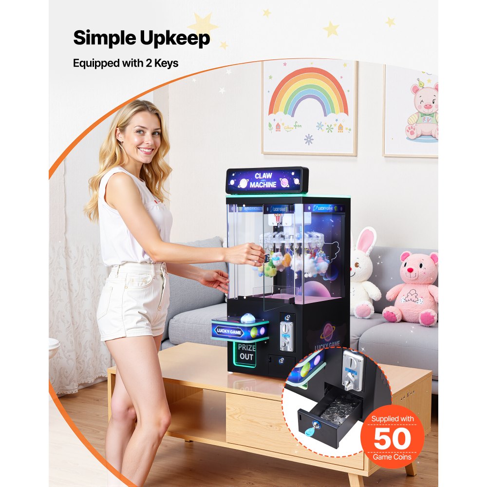 VEVOR Claw Crane Machine, Medium-Sized Arcade Game Machine with Light & Sound, Adjustable Difficulty, Precise Toy Candy Grabber Prize Dispenser Vending Toy, for Commercial Home Cinema, Black Purple