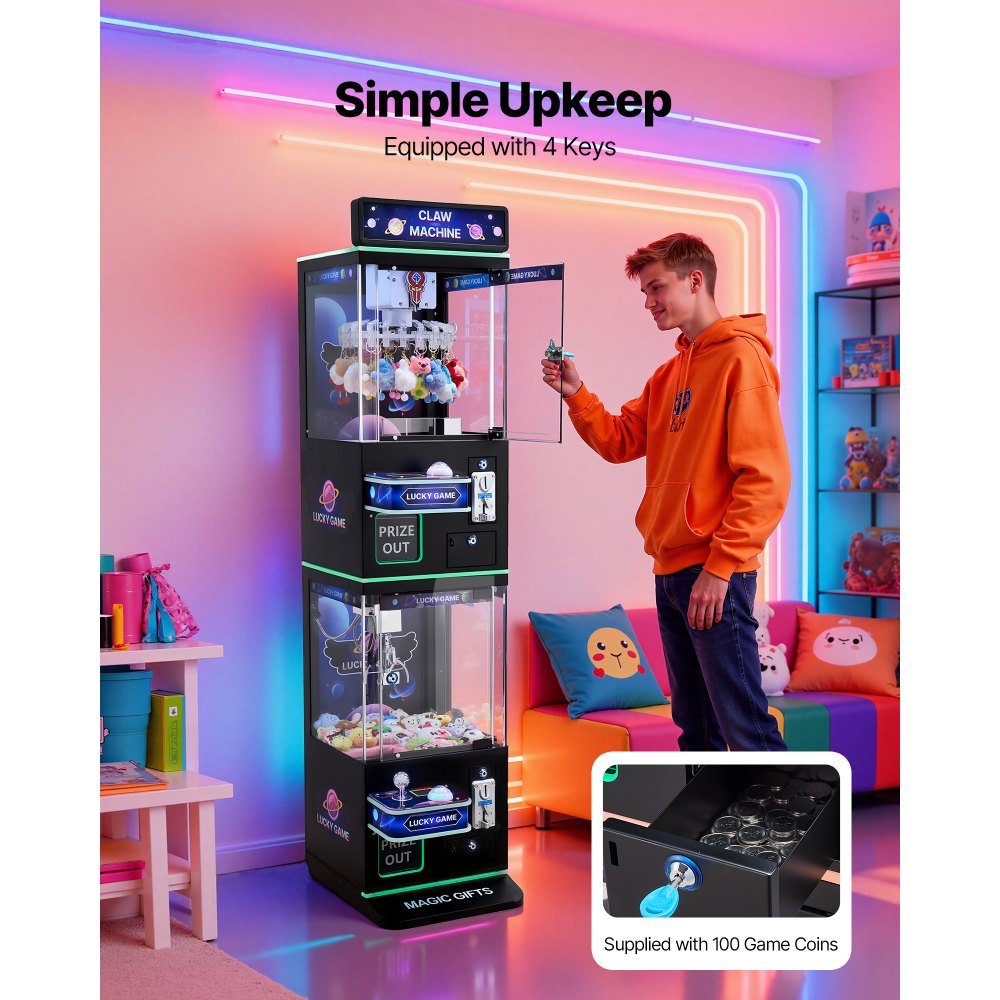 VEVOR Klo-kranmaskin, mellomstor arkadespillmaskin med klo + griper dobbeltlag, lys og lyd, leketøysgodterigriper premieutdeler salgsautomat, for kommersiell hjemmekino, svart lilla