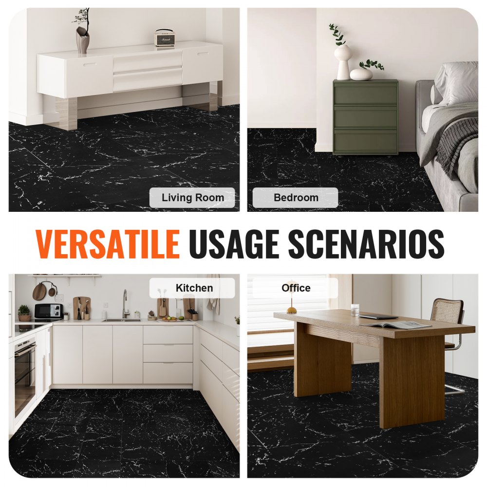 VEVOR Selvklebende Vinyl Gulvfliser 12 x 12 tommer, 50 fliser 1,5 mm tykke, selvklebende, svart marmortekstur, gjør-det-selv-gulv for kjøkken, spisestue, soverom og bad, enkelt for hjemmeinnredning