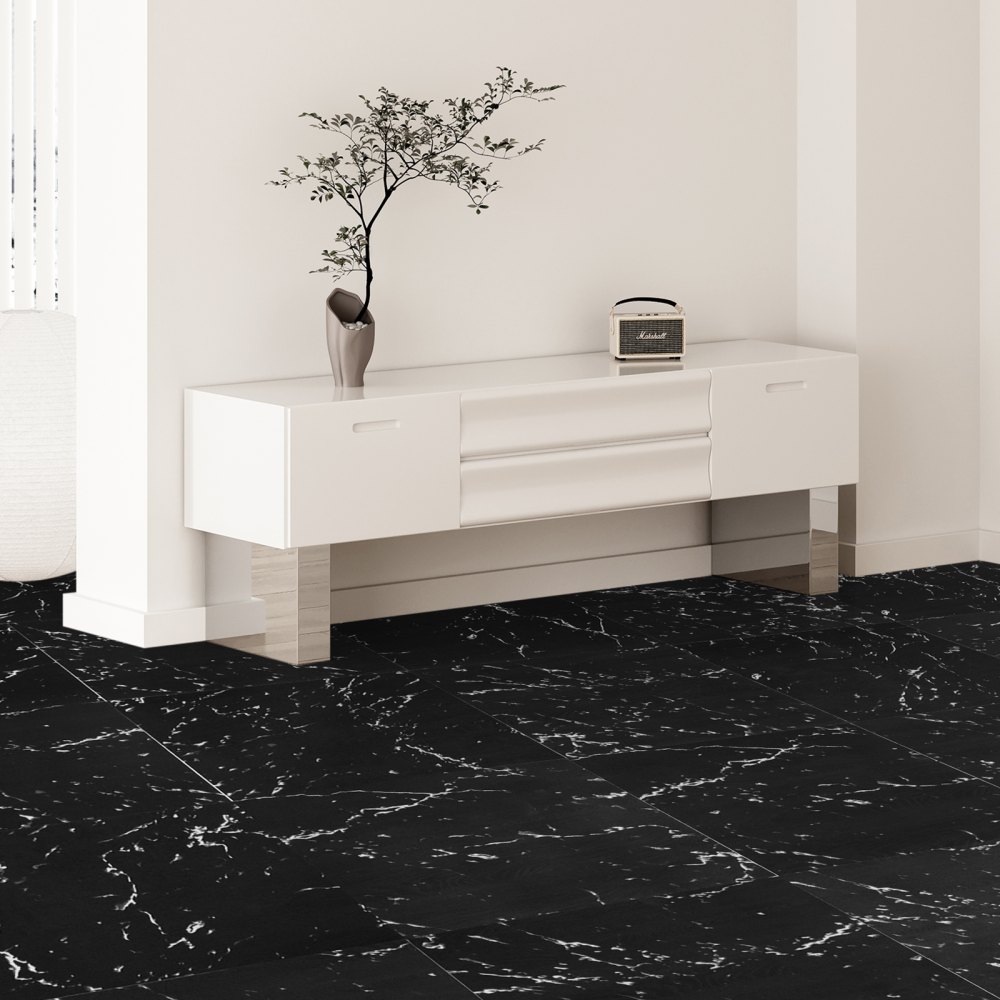 VEVOR Selvklebende Vinyl Gulvfliser 12 x 12 tommer, 50 fliser 1,5 mm tykke, selvklebende, svart marmortekstur, gjør-det-selv-gulv for kjøkken, spisestue, soverom og bad, enkelt for hjemmeinnredning