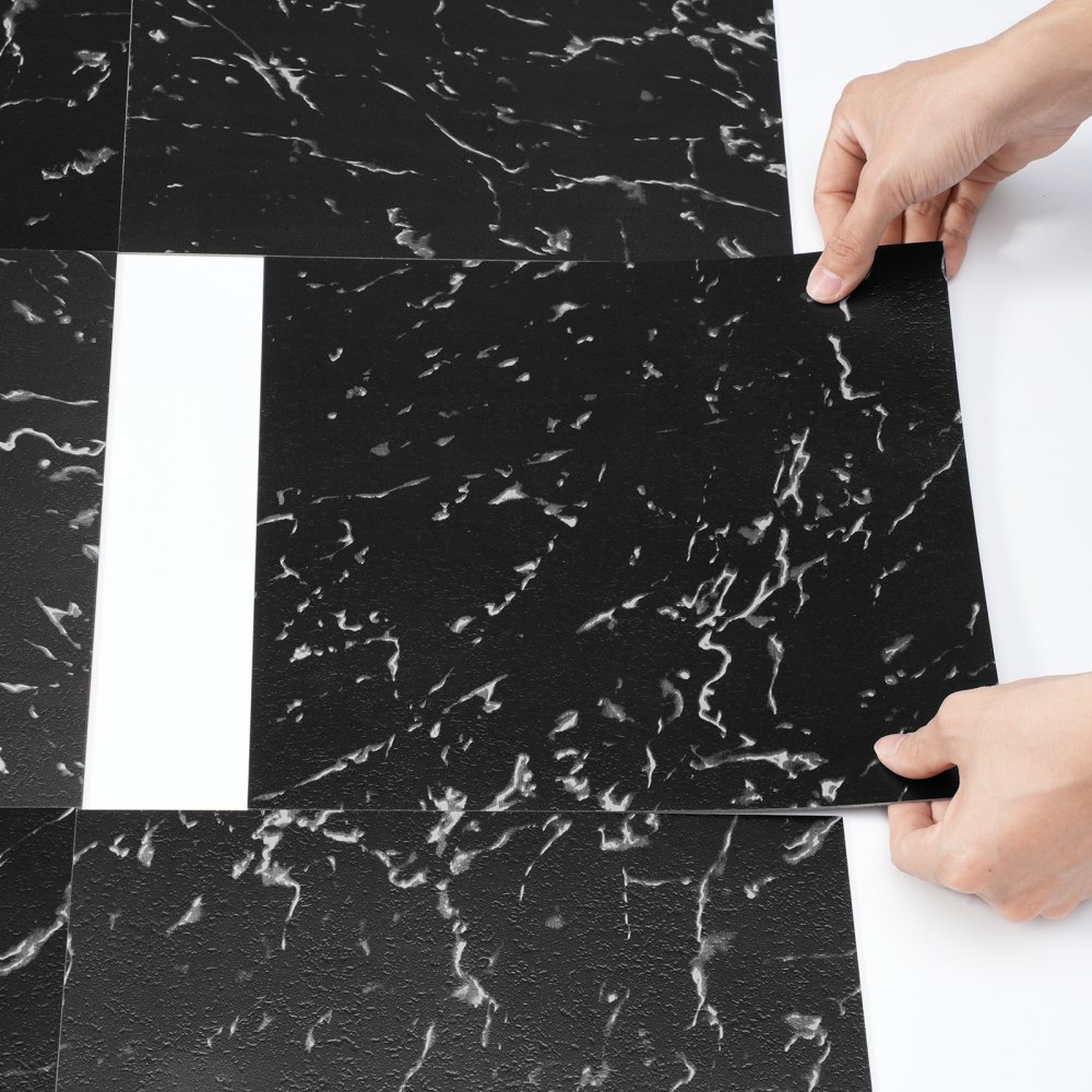 VEVOR Selvklebende Vinyl Gulvfliser 12 x 12 tommer, 50 fliser 1,5 mm tykke, selvklebende, svart marmortekstur, gjør-det-selv-gulv for kjøkken, spisestue, soverom og bad, enkelt for hjemmeinnredning