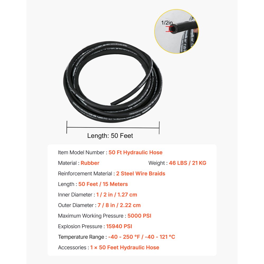 VEVOR hydraulisk slange 50 fot hydrauliske gummislanger med 2 høyfast ståltrådsflettede slanger, indre diameter 1/2 tomme, 5000 PSI maks., hydraulisk slange i bulk -40 °F til 250 °F, fleksibel hydraulisk oljeslange