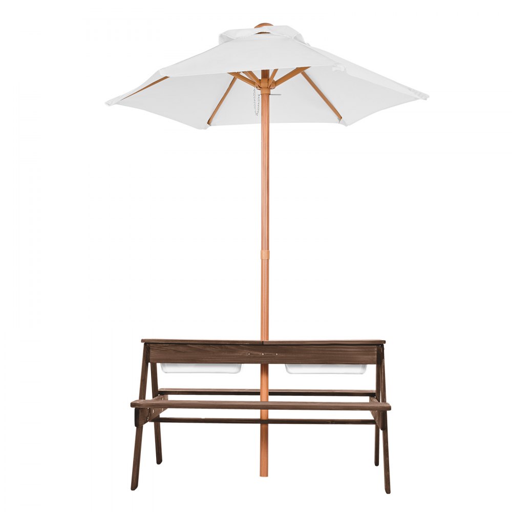 VEVOR Kids Picnic Table with Umbrella, 3-in-1 Sand & Water Table, Outdoor Wooden Table and Bench Set with 2 Trays, 4-People Patio Dining Furniture for Garden, Backyard and Porch (Walnut)