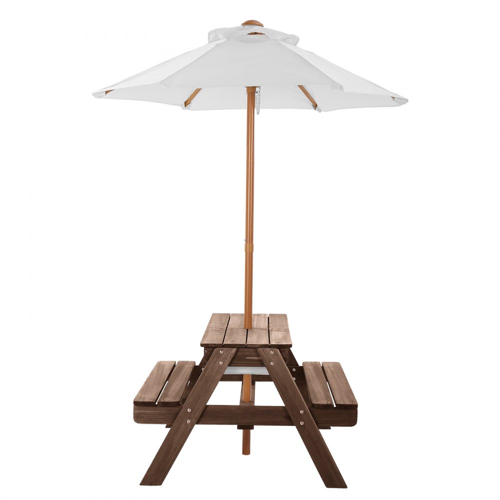 VEVOR Kids Picnic Table with Umbrella, 3-in-1 Sand & Water Table, Outdoor Wooden Table and Bench Set with 2 Trays, 4-People Patio Dining Furniture for Garden, Backyard and Porch (Walnut)