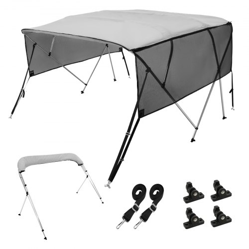 VEVOR båtpresenning med 4 baugs biminitopp, avtakbare sidevegger i netting, kalesje i 600D polyester med 2,5 cm aluminiumsramme, inkludert oppbevaringsstativ, 2 støttestenger, 2 stropper, 20 cm L x 142 cm H x 213 cm B, lys grå