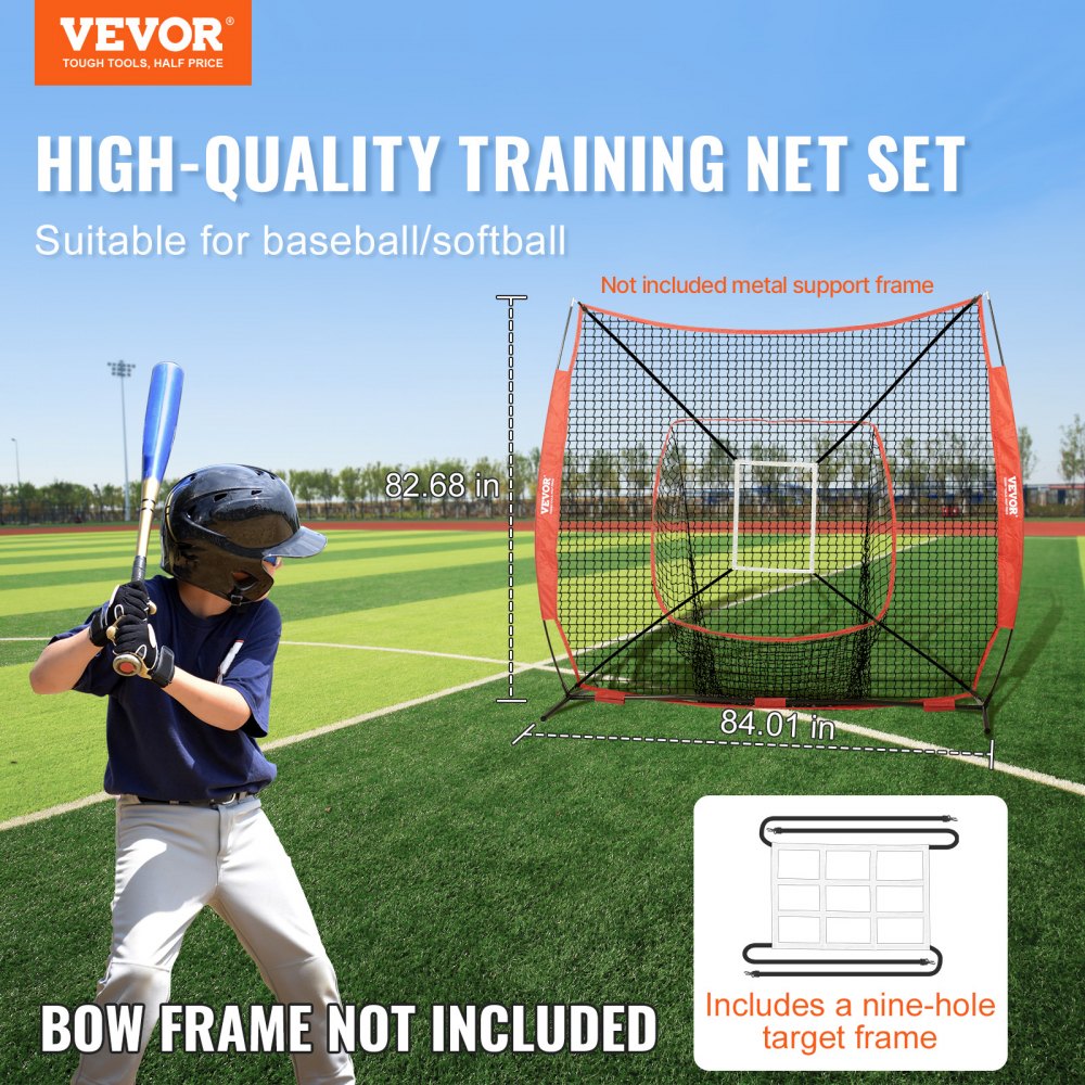 VEVOR 7x7 fot baseball softball treningsnett, bærbart baseball treningsnett for treff, batting, fangst, pitching, backstop baseball utstyr treningshjelpemidler med strike zone (kun nett)