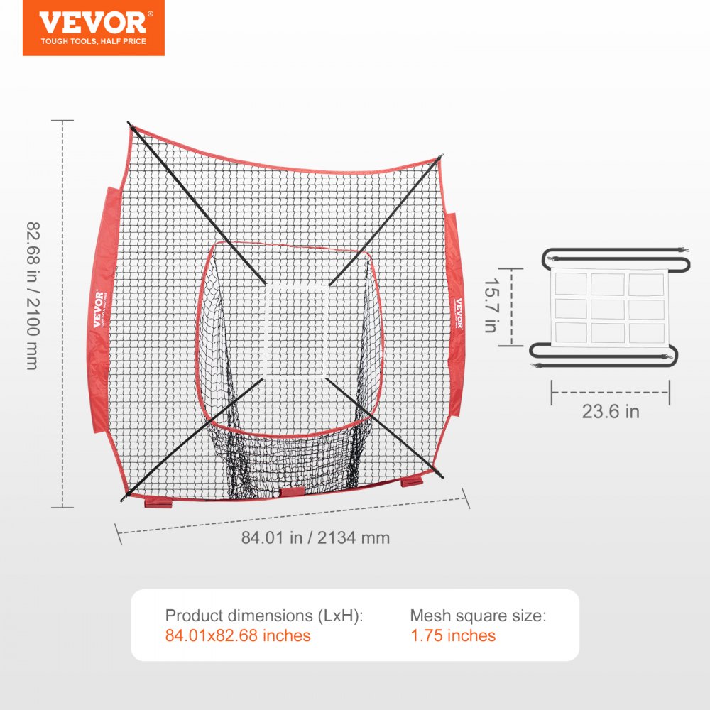 VEVOR 7x7 fot baseball softball treningsnett, bærbart baseball treningsnett for treff, batting, fangst, pitching, backstop baseball utstyr treningshjelpemidler med strike zone (kun nett)