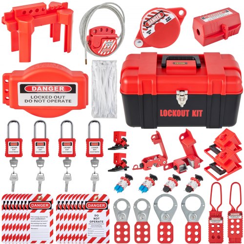 VEVOR 42-delers låse-/tagout-sett, elektrisk sikkerhetssett, inkluderer hengelåser, 5 typer låse, hasper, merker og kabelstrips, eske, sikkerhetsverktøy for låse-/tagout-sikring for B