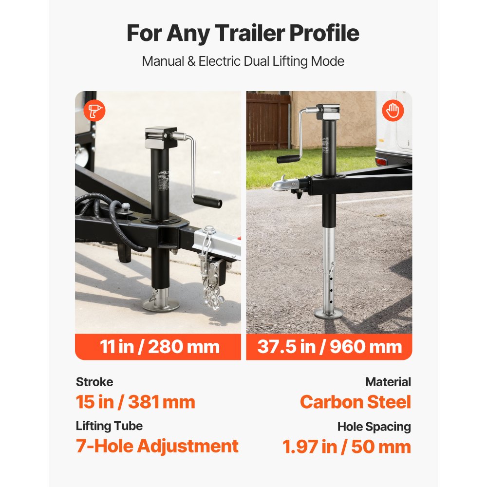 VEVOR 2267 kg A-ramme tilhengerjekk, 381 mm vertikal vandring, tilhengerjekk med justerbart 7-trinns fallbein og borehylse, kompatibel med batteridrill, egnet for bobiler, redskapsvogner og yachthengere