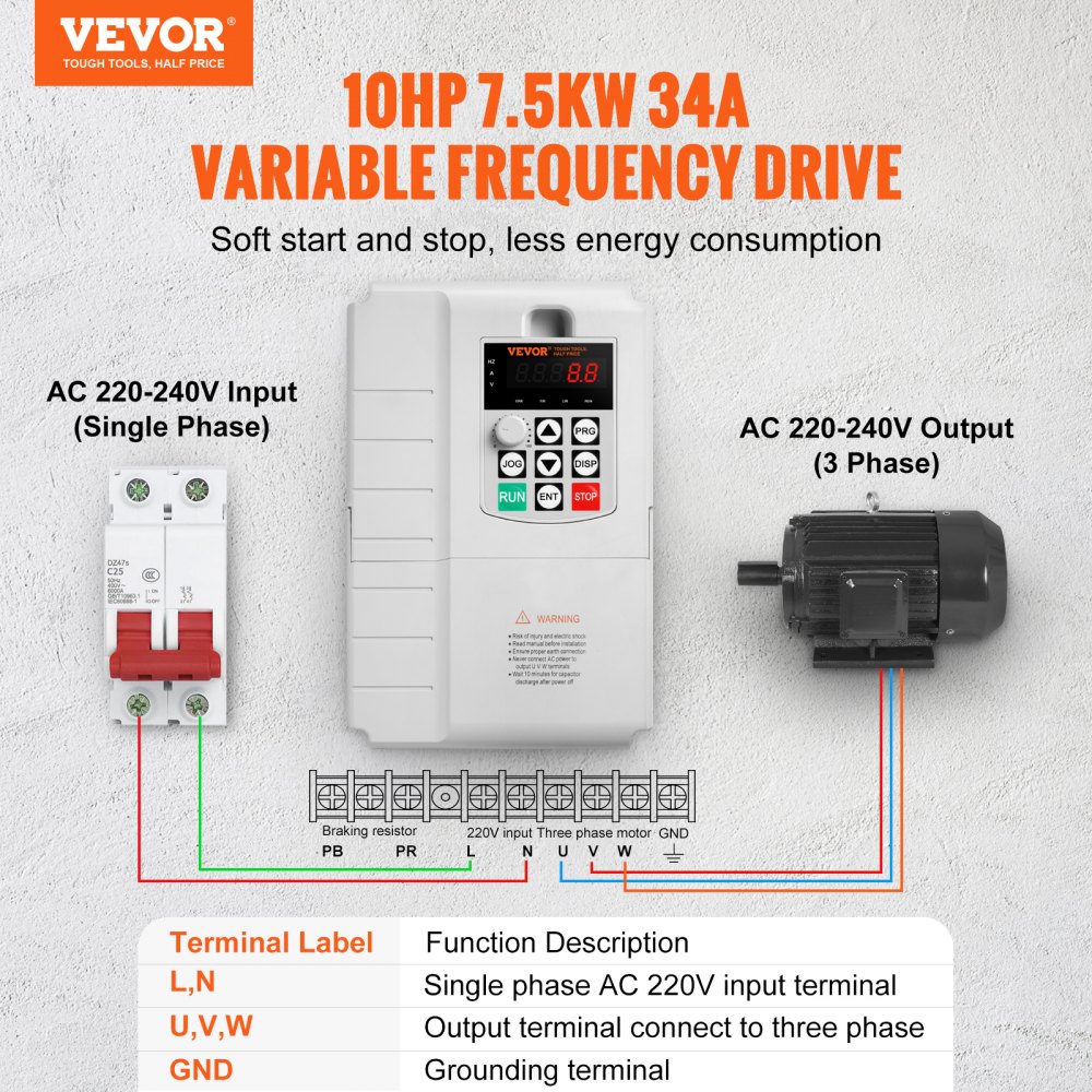 VEVOR VFD 7,5 kW, 34 A, 10 hk variabel frekvensomformer for 3-faset motorhastighetskontroll