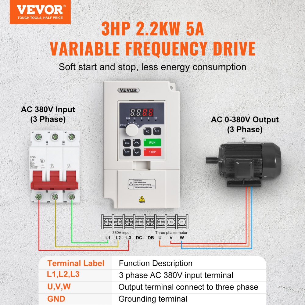 VEVOR VFD 3 HK, 2,2 kW, 5 A, 3-fase AC 380 V inngang til 3-fase AC 0 - 380 V utgang variabel frekvensomformer, 50/60 Hz inngang, 0-2000 Hz utgang VFD for spindelmotorhastighetskontroll