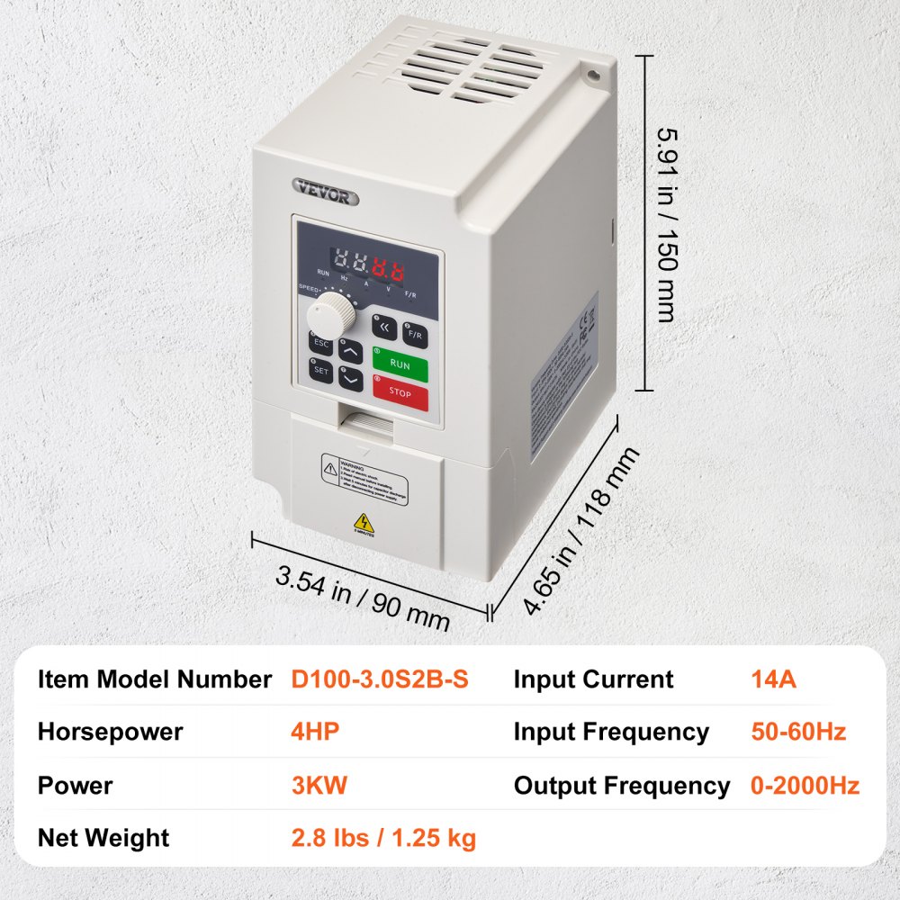 VEVOR VFD 4HP, 3KW, 14A, 1 or 3 Phase AC 220V Input to 3 Phase AC 0~220V Output Variable Frequency Drive, 50/60Hz Input, 0-2000Hz Output VFD for Spindle Motor Speed Control