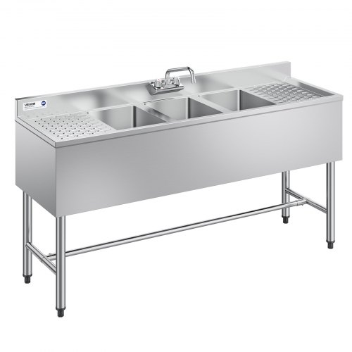 VEVOR 3-roms vask, 18-gauge 304 rustfritt stål, 254 x 356 x 254 mm kummestørrelse, 3-roms kommersiell vask under bar med dobbel avrenningsplate og bakplate for kjøkken, restaurant, matvogn og hjemmebruk