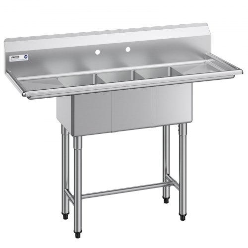 VEVOR 3-roms vask, 18-gauge 304 rustfritt stål, 254 x 356 x 254 mm kummestørrelse, 3-roms kommersiell kjøkkenvask med 2 avrenningsbrett og bakplate for restaurant, matvogn og hjemmebruk