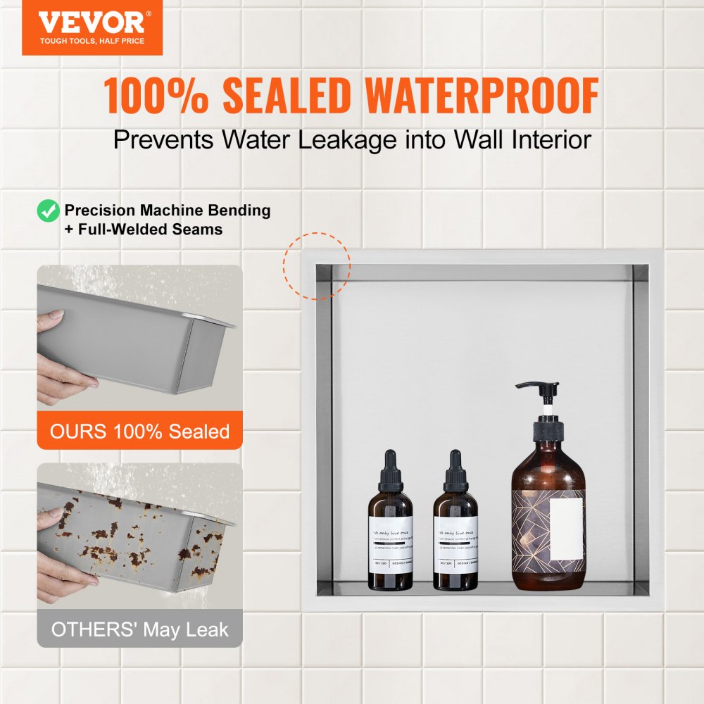 VEVOR 33.02 x 33.02 cm No Tile Shower Niche 304 Stainless Steel, Wall-Inserted Niche Recessed Double Shelves, Sealed Waterproof Rust-Resistant Modern Niche for Shower Bathroom Soap Storage, Silver