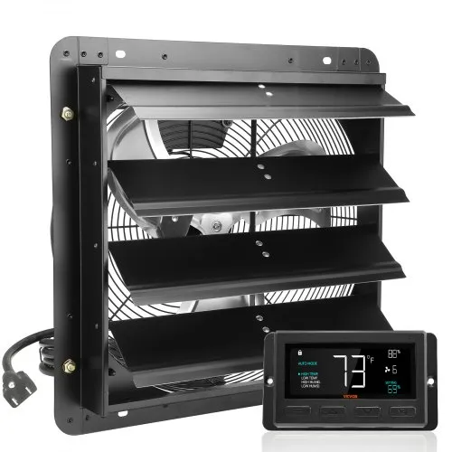 VEVOR avtrekksvifte med lukkemekanisme, 406 mm med temperatur- og fuktighetskontroller, EC-motor, 1747 CFM, justerbar veggmontert loftsvifte med variabel hastighet, ventilasjon og kjøling for drivhus, garasjer, skur