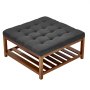 VEVOE Large Square Ottoman Coffee Table, 87.5 cm Tufted Coffee Table with Solid Wood Shelf Storage, Linen Solid Upholstered Footrest Ottoman for Bedroom Living Room, 400 LBS, Dark Gray