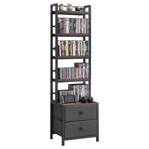 VEVOR Mediaoppbevaringsskap, DVD-hylleorganisator med 4 hyller og skuffer, 40 x 30 x 143,5 cm multimediaoppbevaringsorganisator for CD-er, DVD-er, bøker og spill, CD-skap for stue, hjemmekontor