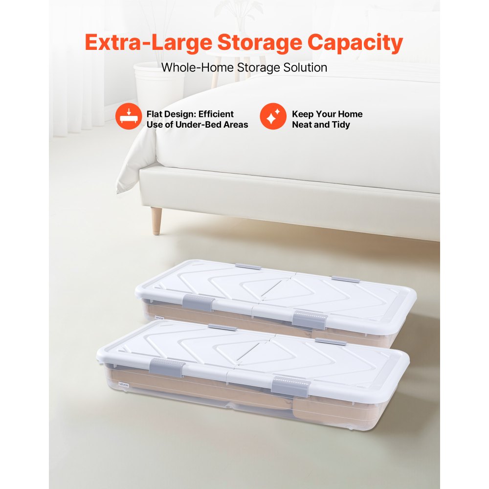 VEVOR Under Bed Storage with Wheels, 1010 x 510 x 150 mm Underbed Containers, Underbed Shoes Organizer with Lid and Gray Latch, Rolling Under the Bed Storage Bins for Clothes Shoes Blankets, 2 Pack