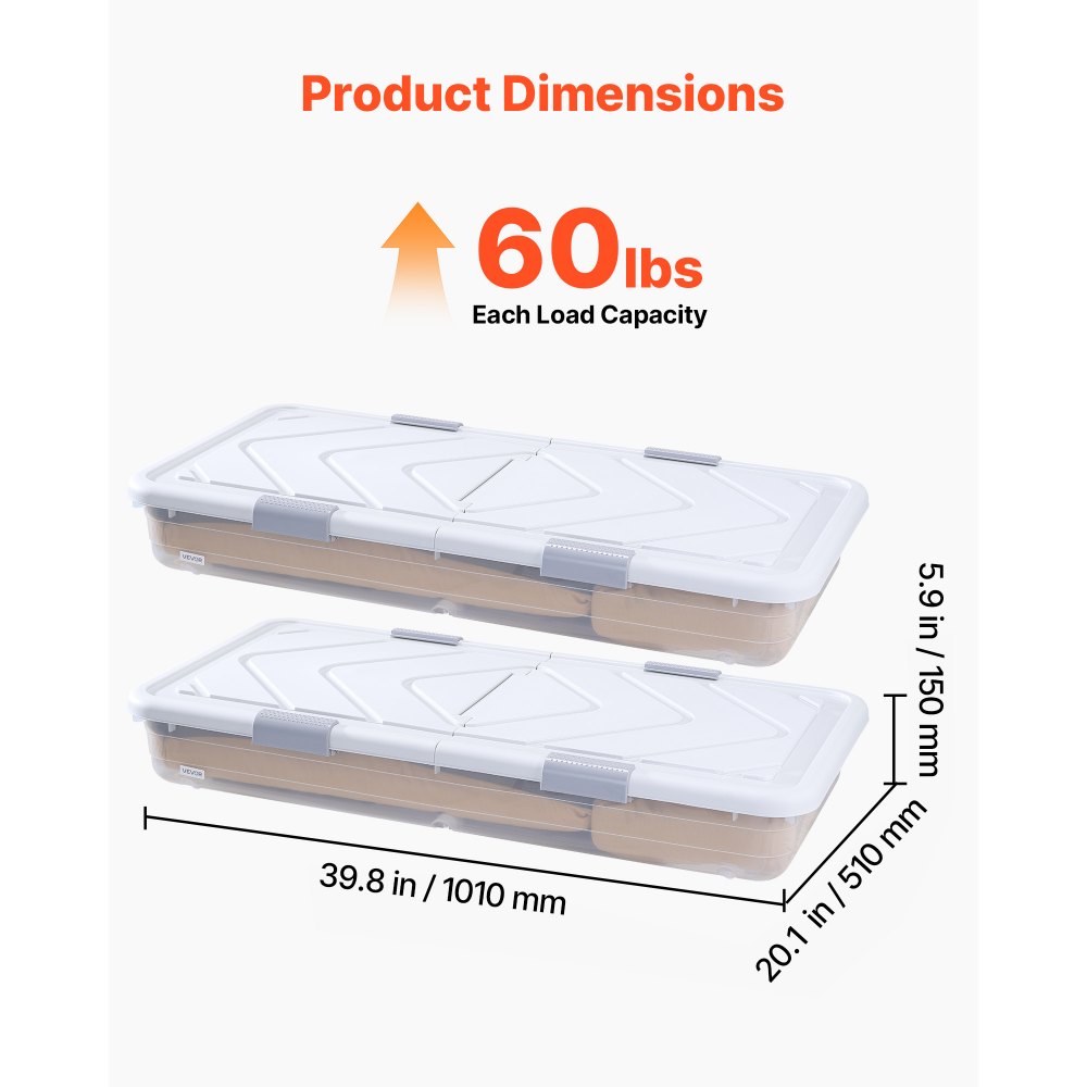 VEVOR Under Bed Storage with Wheels, 1010 x 510 x 150 mm Underbed Containers, Underbed Shoes Organizer with Lid and Gray Latch, Rolling Under the Bed Storage Bins for Clothes Shoes Blankets, 2 Pack
