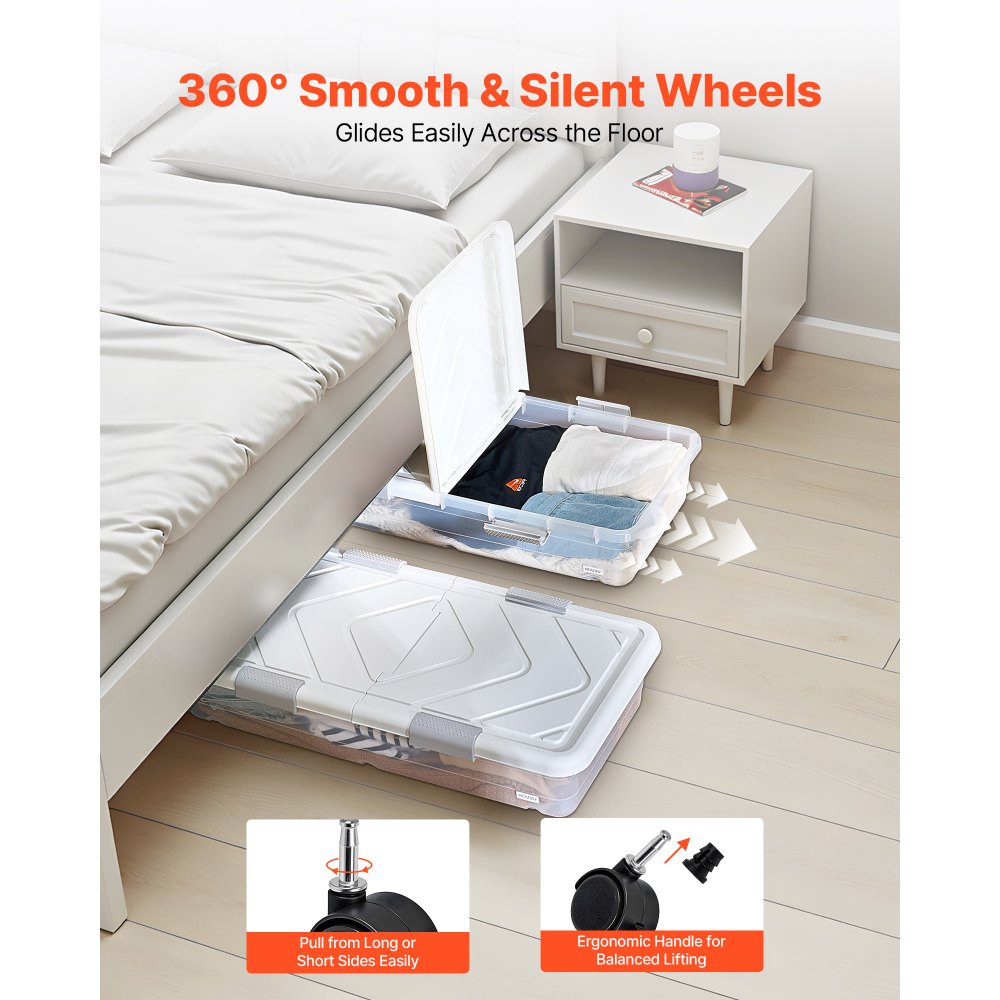 VEVOR Under Bed Storage with Wheels, 1010 x 510 x 150 mm Underbed Containers, Underbed Shoes Organizer with Lid and Gray Latch, Rolling Under the Bed Storage Bins for Clothes Shoes Blankets, 2 Pack