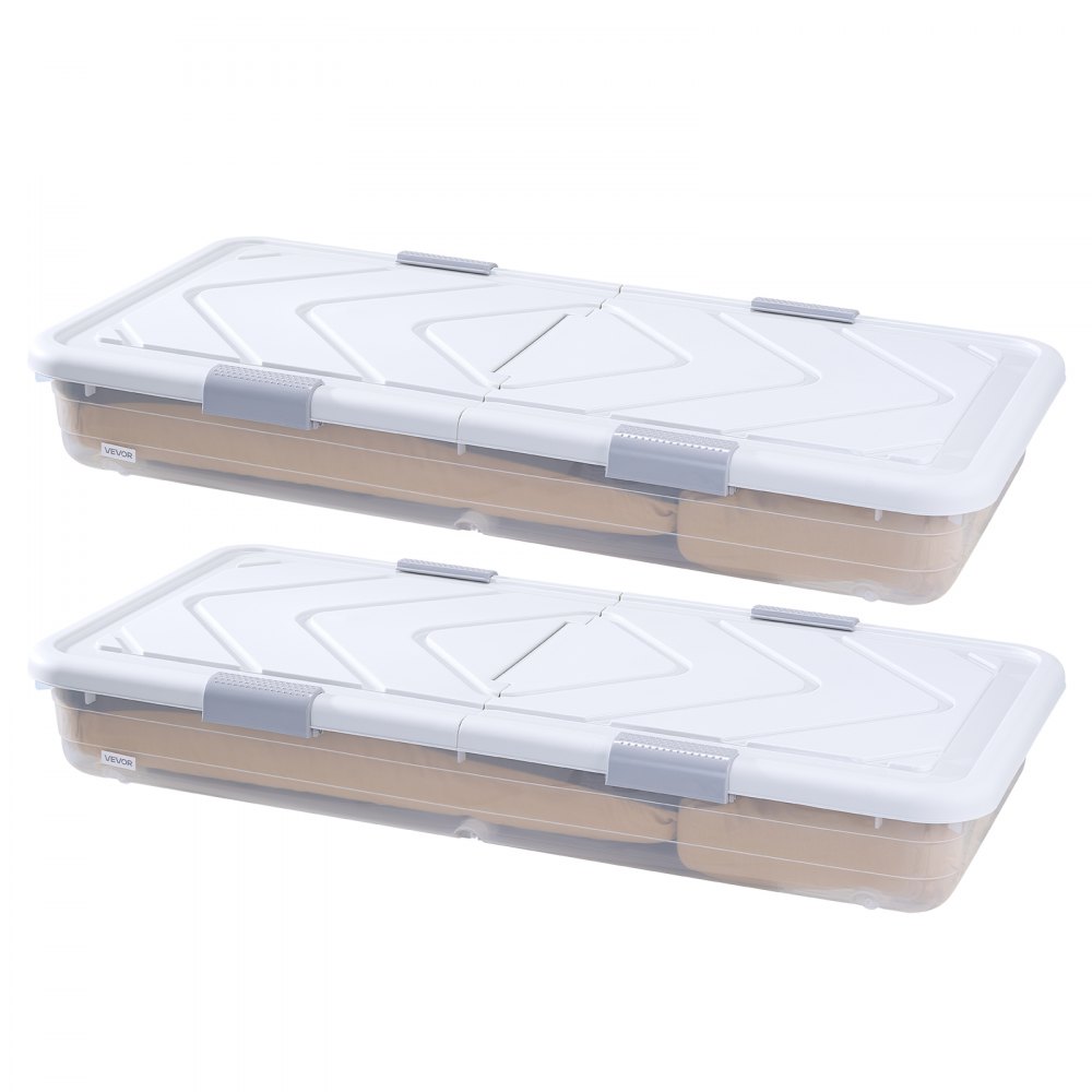 VEVOR Under Bed Storage with Wheels, 1010 x 510 x 150 mm Underbed Containers, Underbed Shoes Organizer with Lid and Gray Latch, Rolling Under the Bed Storage Bins for Clothes Shoes Blankets, 2 Pack