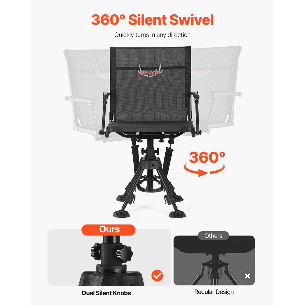 VEVOR Hunting Chair, 360° Silent Swivel, Foldable Portable Blind Chair, Heavy-Duty Steel Frame Ground Stool Seat with Armrests, Anti-Sink Feet, Height Adjustable, 158 Kg Capacity for Fishing Camping