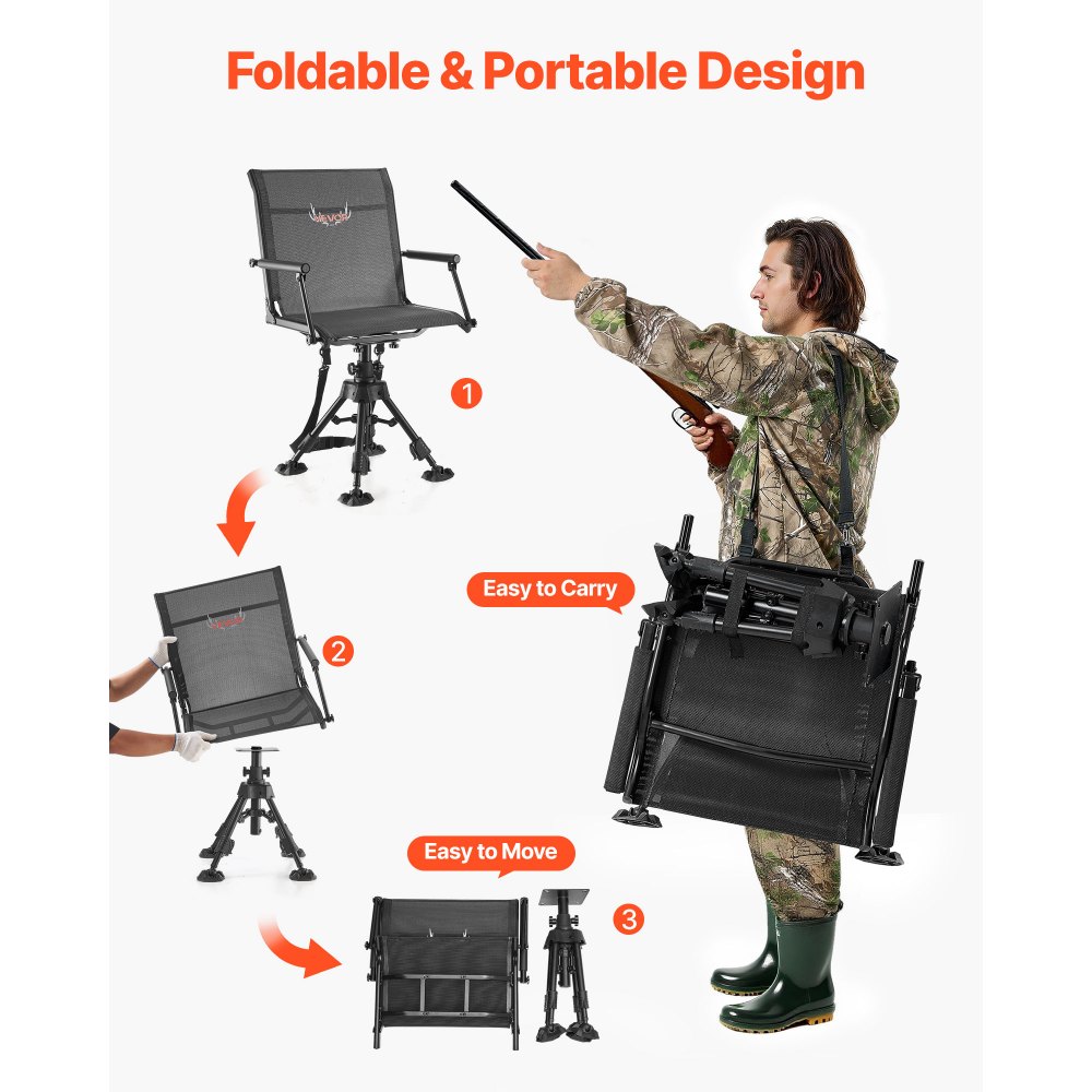 VEVOR Hunting Chair, 360° Silent Swivel, Foldable Portable Blind Chair, Heavy-Duty Steel Frame Ground Stool Seat with Armrests, Anti-Sink Feet, Height Adjustable, 158 Kg Capacity for Fishing Camping