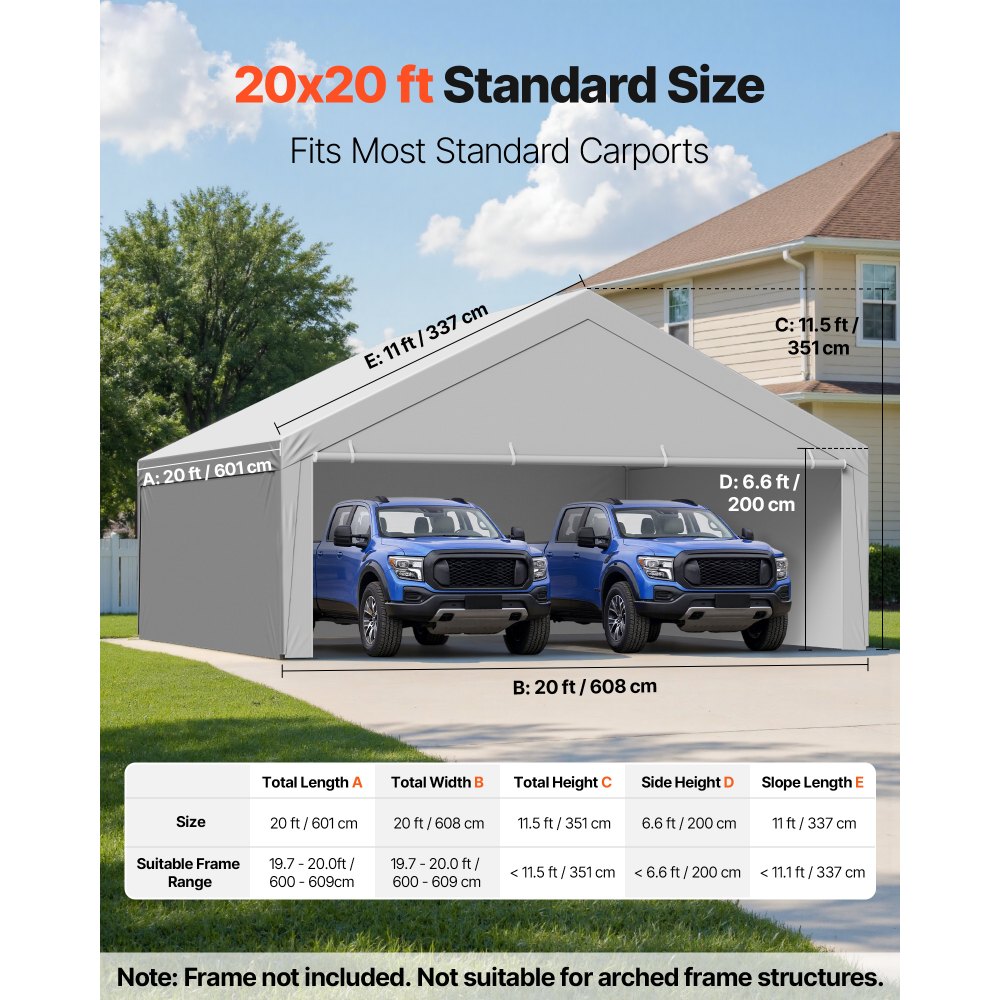 VEVOR Carport-reservetak, 6 x 6 m drikkeklar garasjepresenning med sidevegger, UV-bestandig og vanntett, kraftig bilpresenning med ballbuggees, grå, ramme ikke inkludert