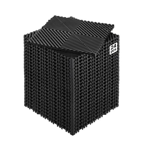 VEVOR sammenlåsende dreneringsmatte, 12” x 12” modulær sammenlåsende pute, 24 stk. skjøtematter, sklisikre svarte PP dreneringsgulvfliser og dusjmatte, for garasje, hage, kjøkken og utendørs