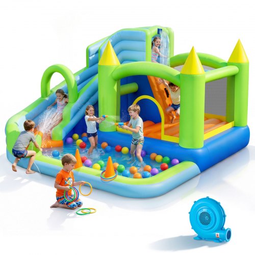 VEVOR Oppblåsbart hoppehus, 11,3 x 12,3 x 7,0 fot Oppblåsbart hoppehus Vannsklie, Hoppeslott med hoppeslott, basketballkurv, plaskebasseng og vannringkast, for 3 til 4 barn i alderen 3 til 8 år