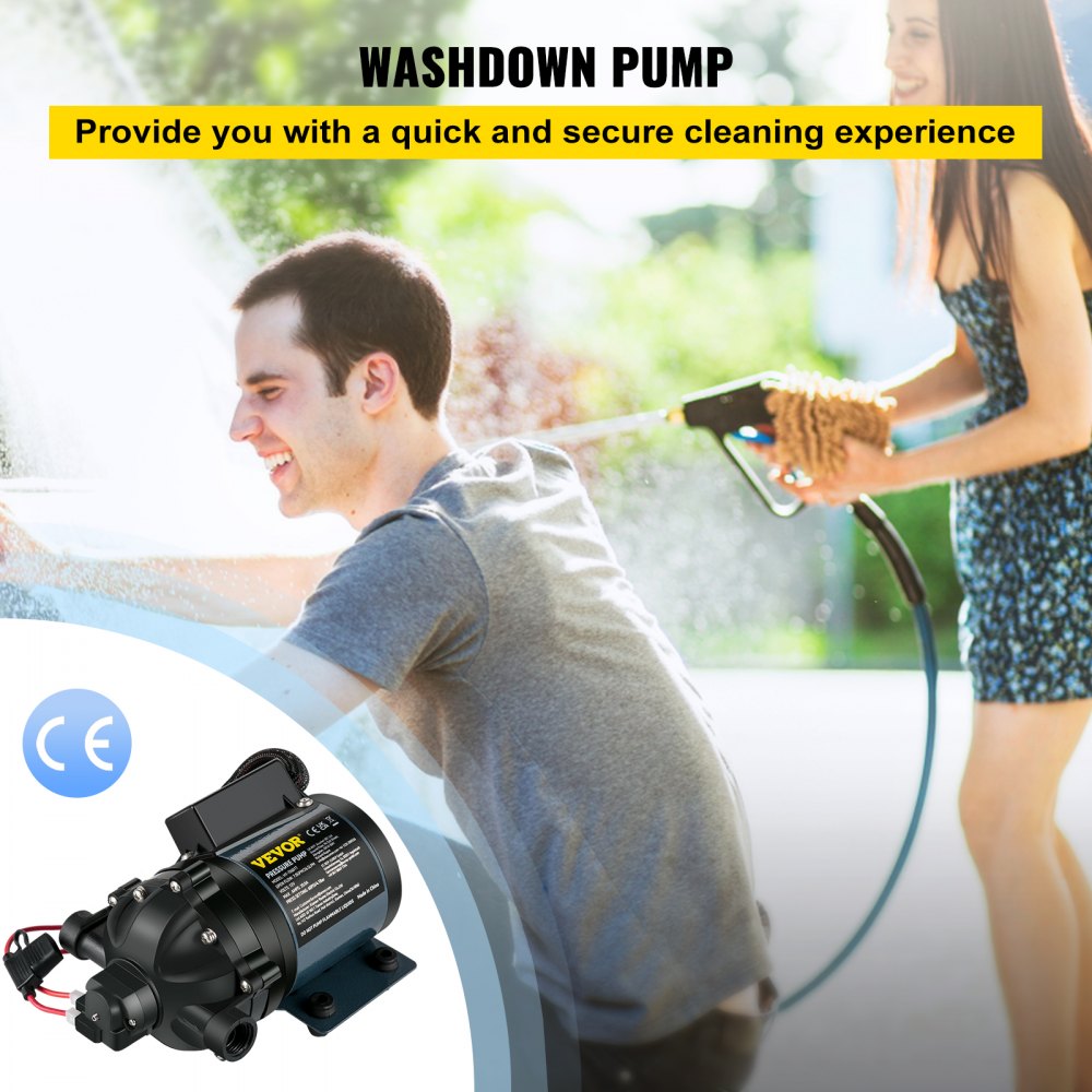 VEVOR Spylerpumpe, 12V DC, 26 L/min (7 GPM) 4 bar (60 PSI), Maks. 3 m (10 FT) Løft Selvsugende Vannpumpe, med EPDM-ventil, Universal Saltvannsfilter og Innvendig/Utenvendig gjenge, for RV, Marine Deck, Yacht