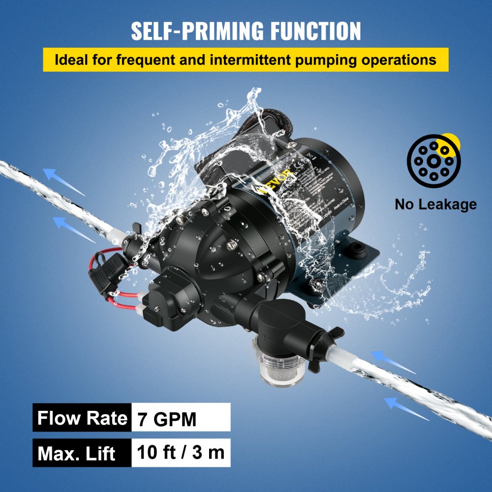 VEVOR Spylerpumpe, 12V DC, 26 L/min (7 GPM) 4 bar (60 PSI), Maks. 3 m (10 FT) Løft Selvsugende Vannpumpe, med EPDM-ventil, Universal Saltvannsfilter og Innvendig/Utenvendig gjenge, for RV, Marine Deck, Yacht