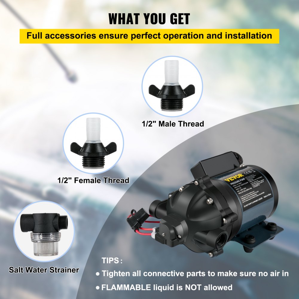 VEVOR Spylerpumpe, 12V DC, 26 L/min (7 GPM) 4 bar (60 PSI), Maks. 3 m (10 FT) Løft Selvsugende Vannpumpe, med EPDM-ventil, Universal Saltvannsfilter og Innvendig/Utenvendig gjenge, for RV, Marine Deck, Yacht