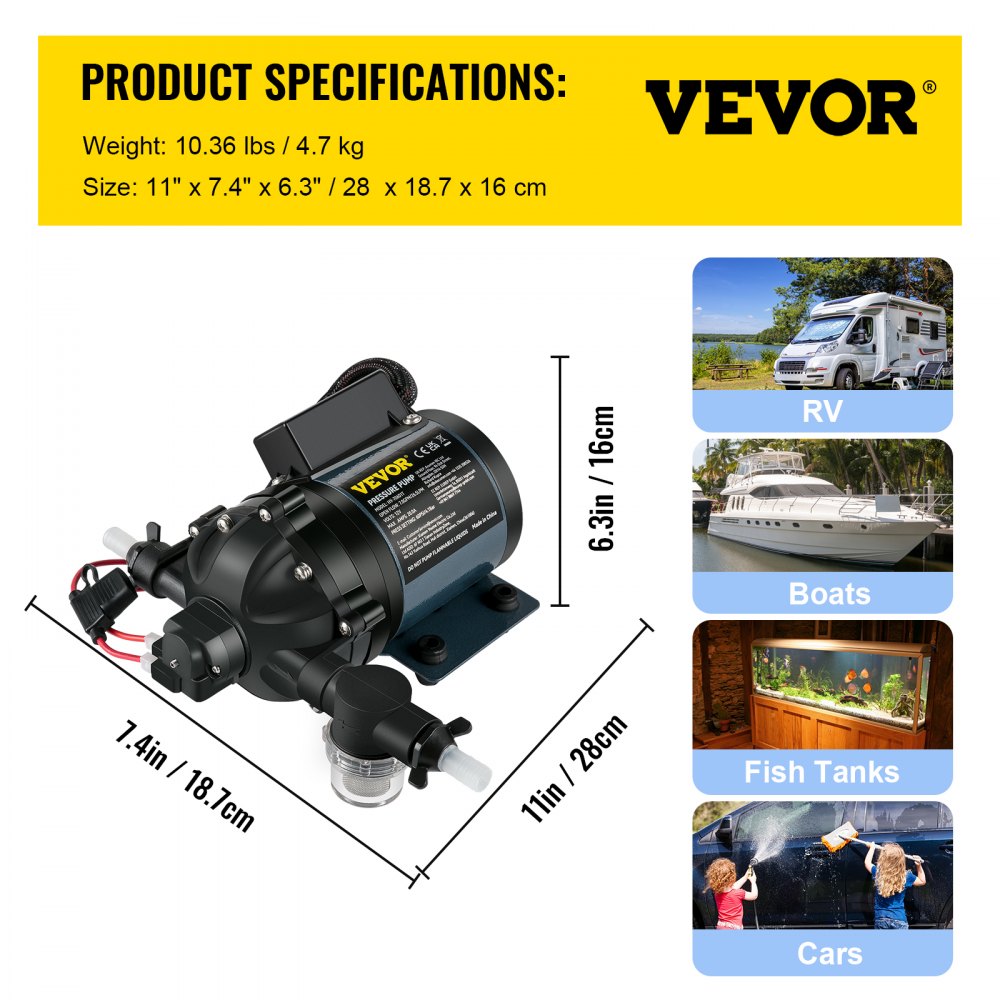 VEVOR Spylerpumpe, 12V DC, 26 L/min (7 GPM) 4 bar (60 PSI), Maks. 3 m (10 FT) Løft Selvsugende Vannpumpe, med EPDM-ventil, Universal Saltvannsfilter og Innvendig/Utenvendig gjenge, for RV, Marine Deck, Yacht