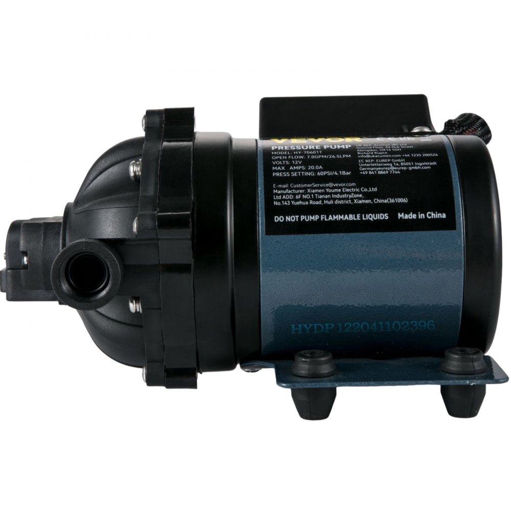 VEVOR Spylerpumpe, 12V DC, 26 L/min (7 GPM) 4 bar (60 PSI), Maks. 3 m (10 FT) Løft Selvsugende Vannpumpe, med EPDM-ventil, Universal Saltvannsfilter og Innvendig/Utenvendig gjenge, for RV, Marine Deck, Yacht