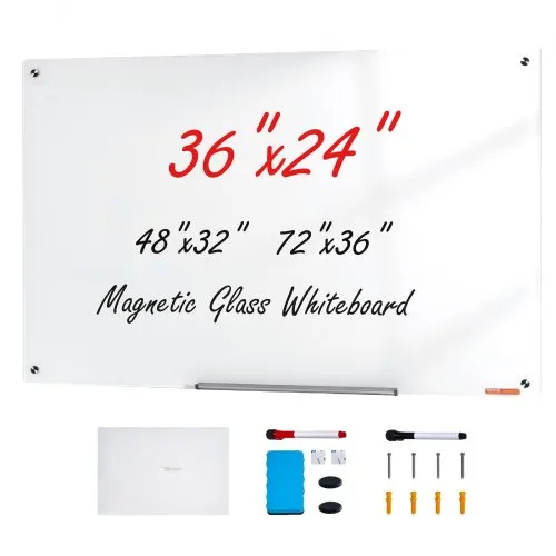 VEVOR Magnetic Glass Whiteboard, Dry Erase Board 900 x 600 mm, Veggmontert stor hvit glassplate uten ramme, med markeringsbrett, viskelær og 2 markører, hvit